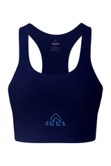 Blue women's athletic top with bright blue logos on the chest, presented against a white background to showcase the front design for fitness enthusiasts.