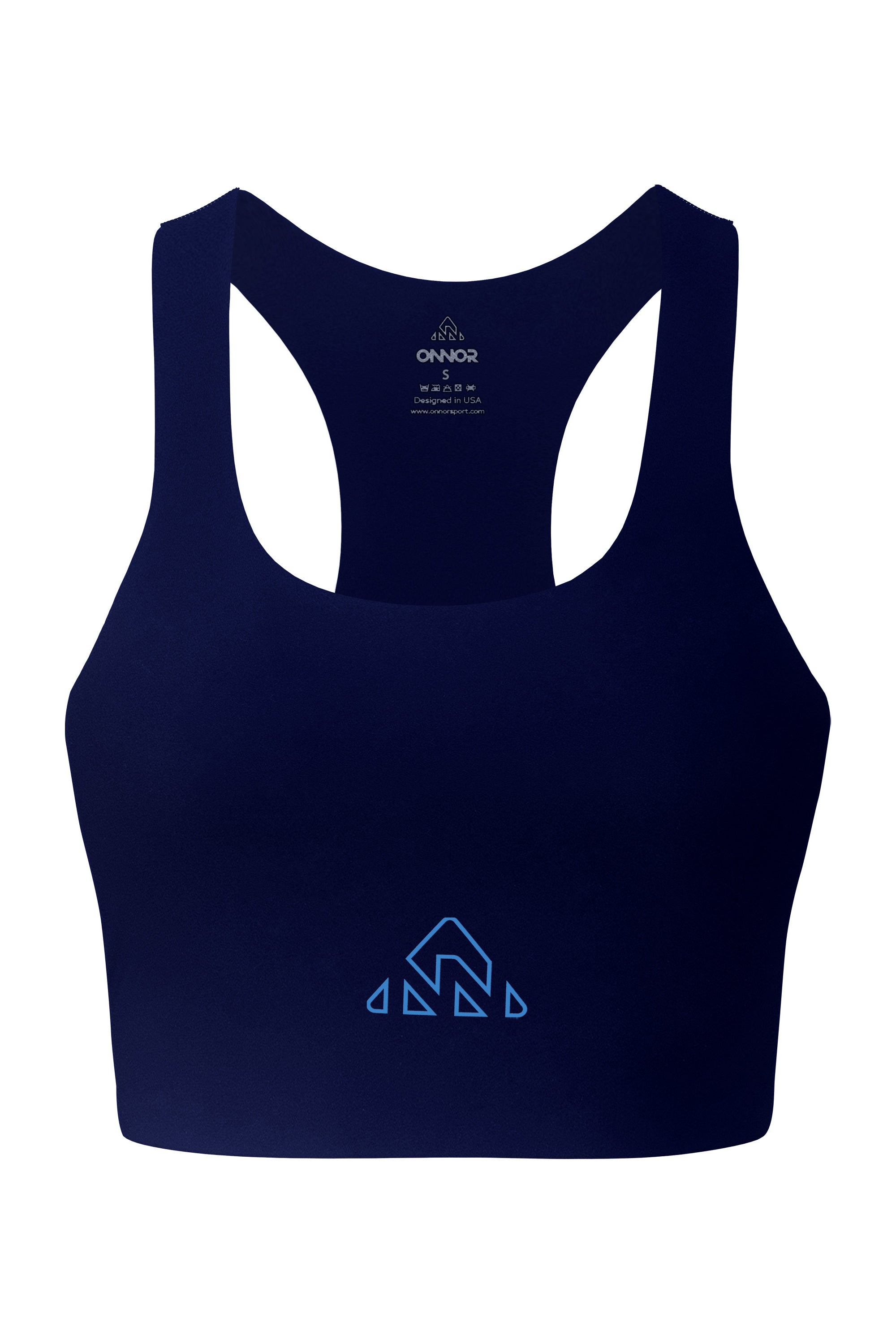 Blue women's athletic top with bright blue logos on the chest, presented against a white background to showcase the front design for fitness enthusiasts.