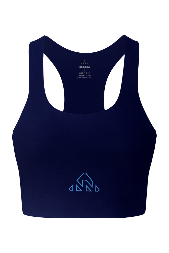 Women's Blue PRO Running Top - women's blue/bright blue running top - Blue women's athletic top with bright blue logos on the chest, presented against a white background to showcase the front design for fitness enthusiasts.
