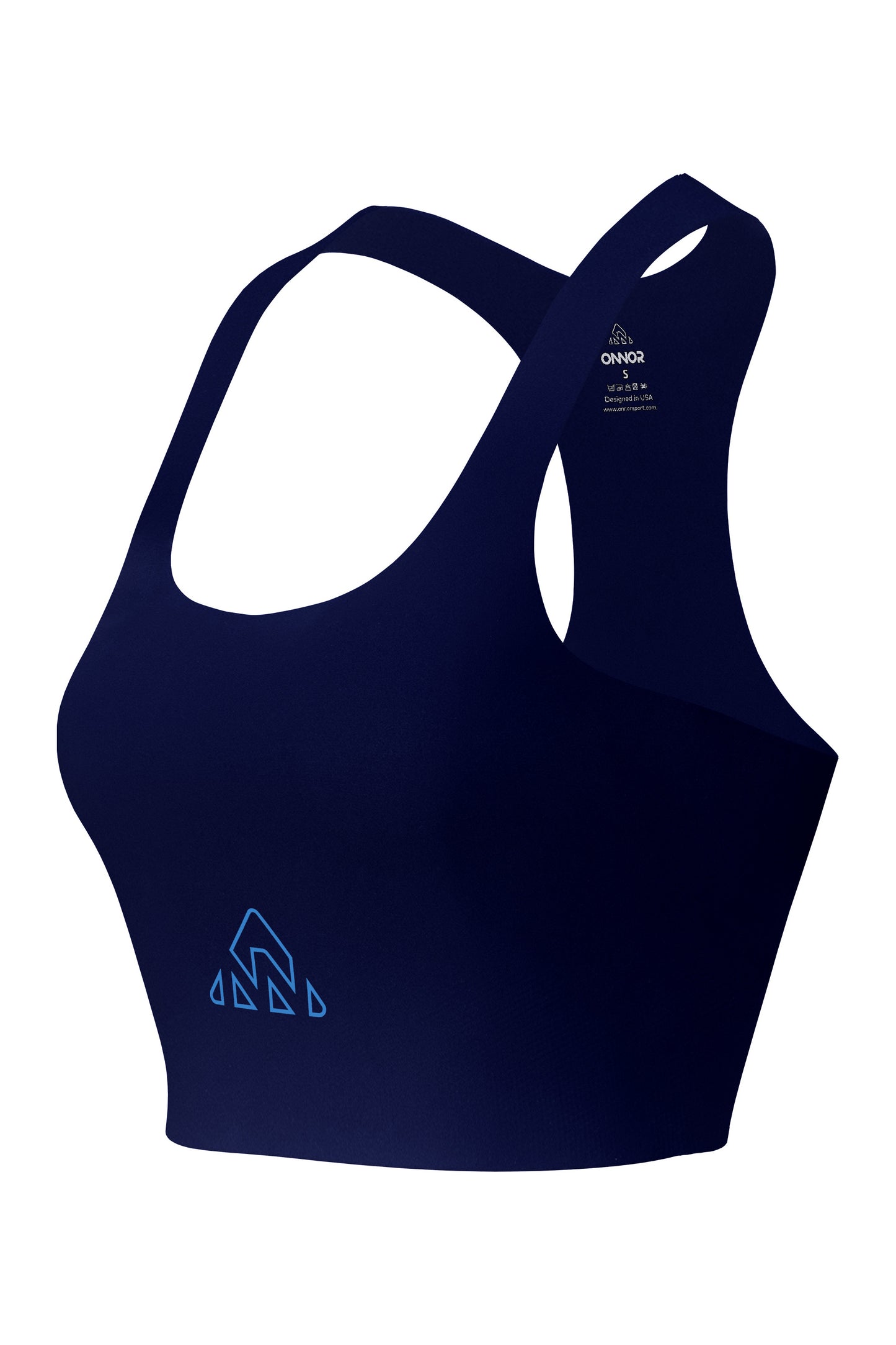 Women's blue fitness top with vibrant blue logos, angled to display the design from a front-side perspective, isolated on a white background.