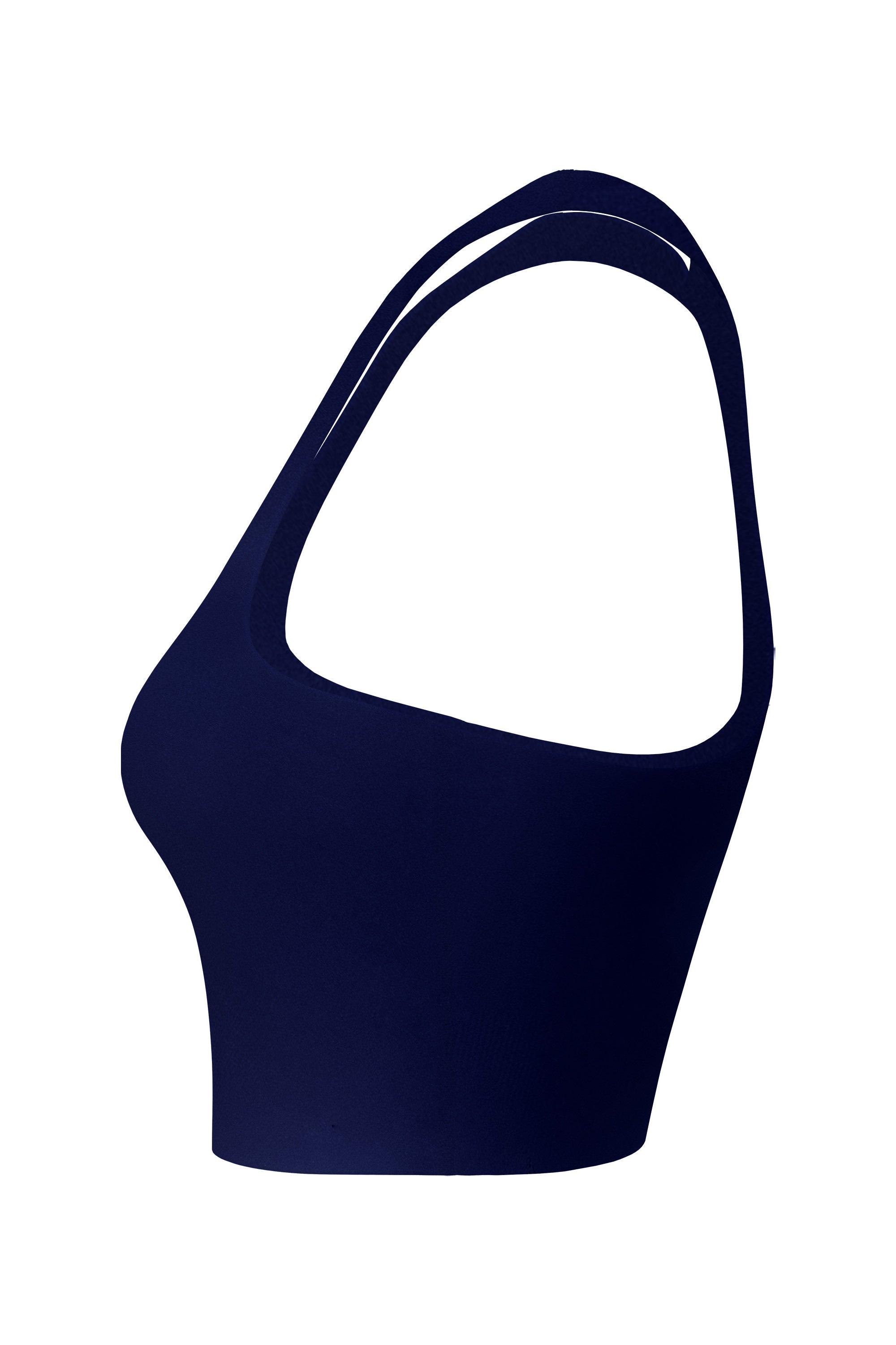 Side profile of a blue women's sports top, featuring bright blue logo accents, against a clean white background highlighting the garment's cut
