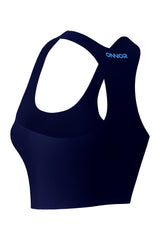 Back-side angled view of a blue athletic top for women, with bright blue logos visible, set against a white background to emphasize side stitching details.