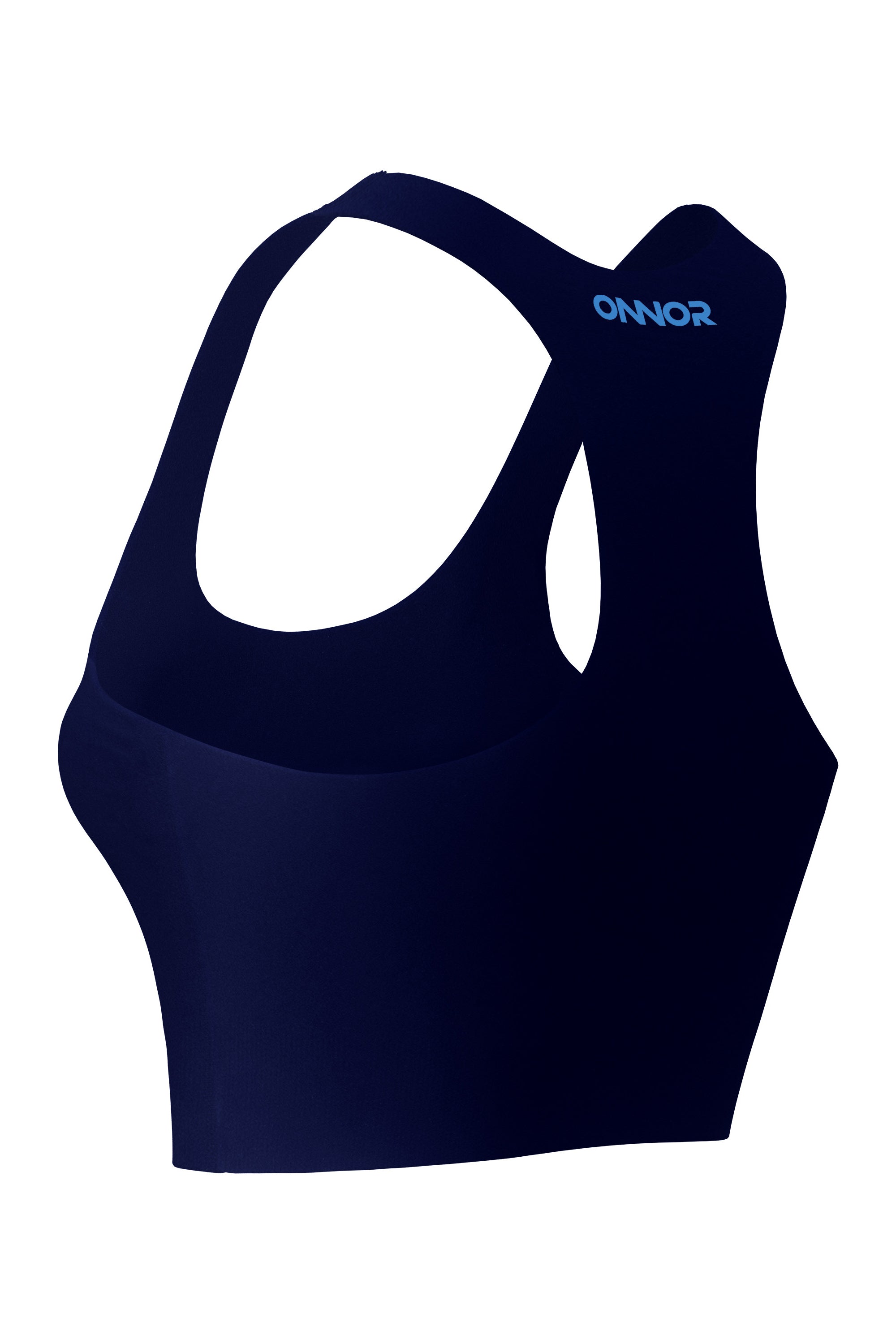 Back-side angled view of a blue athletic top for women, with bright blue logos visible, set against a white background to emphasize side stitching details.
