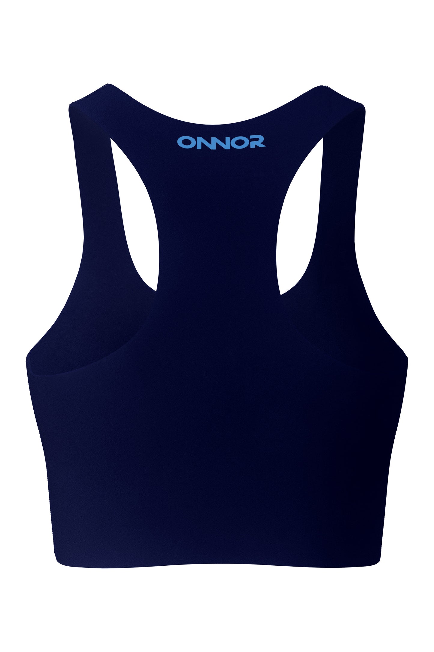 Rear view of a women's blue sports top with bright blue logo detailing, designed for athletic wear, on a white background to focus on the back design.