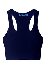 Rear view of a women's blue sports top with bright blue logo detailing, designed for athletic wear, on a white background to focus on the back design.