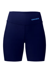 Front view of blue women's shorts with a top back pocket featuring a zipper. This image highlights the vibrant blue color and the elegant front design of the shorts.