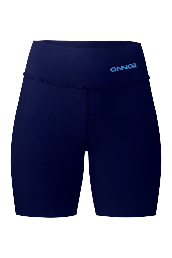 Women's Blue PRO Seamless Running Shorts - women's blue/bright blue running shorts - Front view of blue women's shorts with a top back pocket featuring a zipper. This image highlights the vibrant blue color and the elegant front design of the shorts.