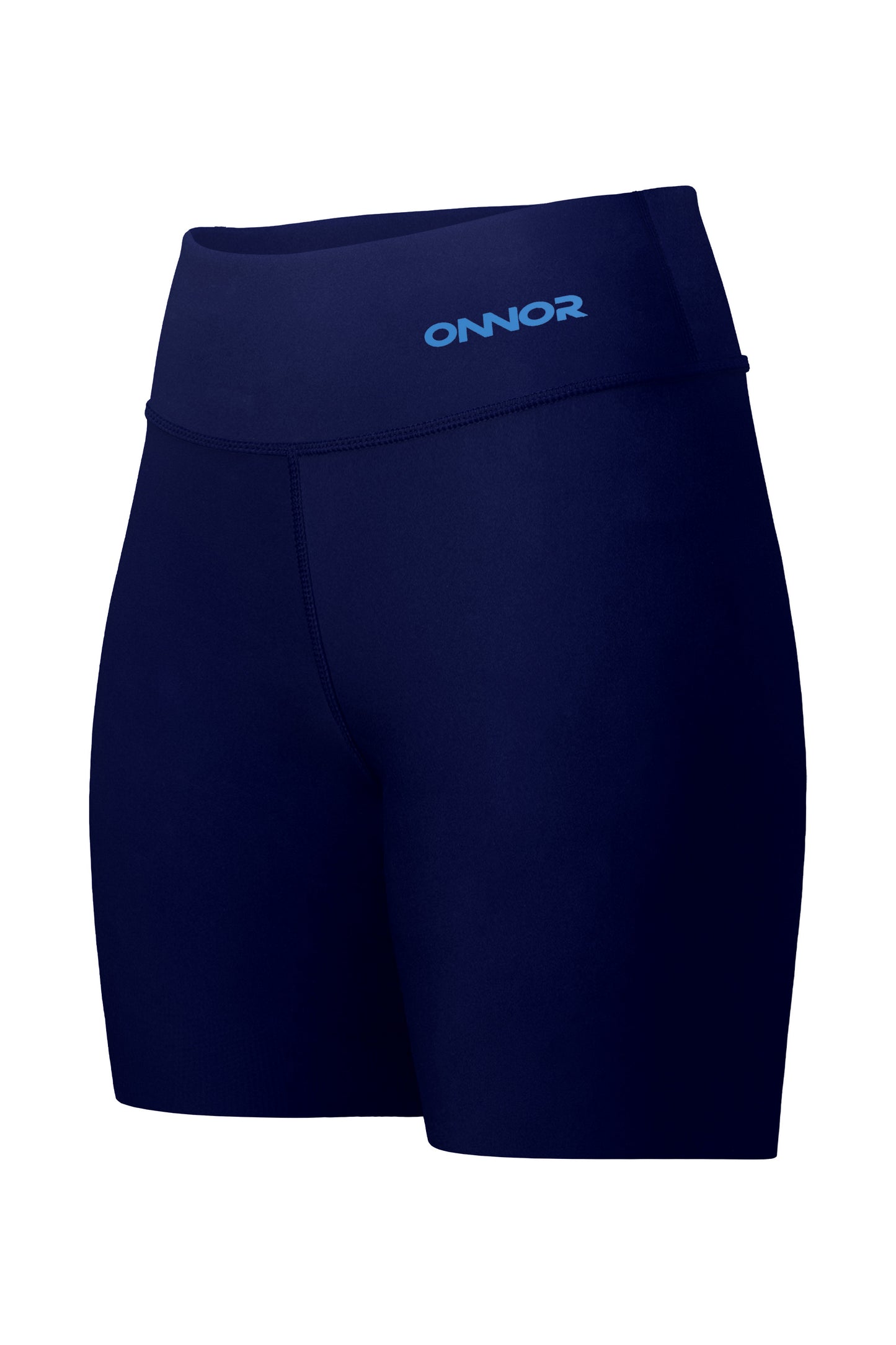 Diagonal front-side view of women's blue shorts with a zipper pocket on the top back. This angle showcases both the front and the side aspects of the shorts, highlighting their stylish cut.