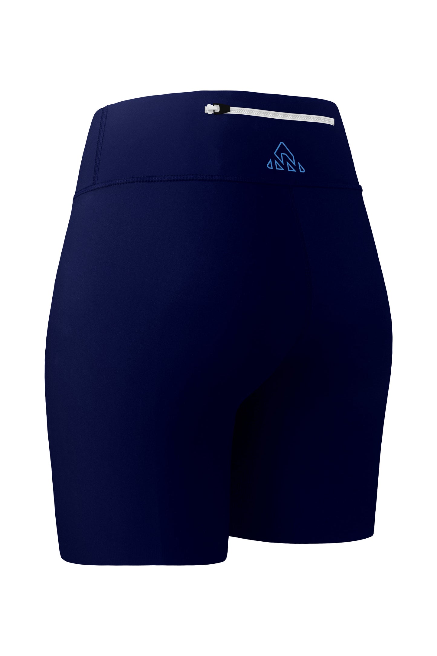 Back-side view of women's blue shorts, displaying the upper back pocket with a zipper. The angle provides a detailed view of the shorts' back and side profiles