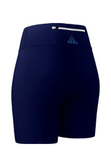 Back-side view of women's blue shorts, displaying the upper back pocket with a zipper. The angle provides a detailed view of the shorts' back and side profiles