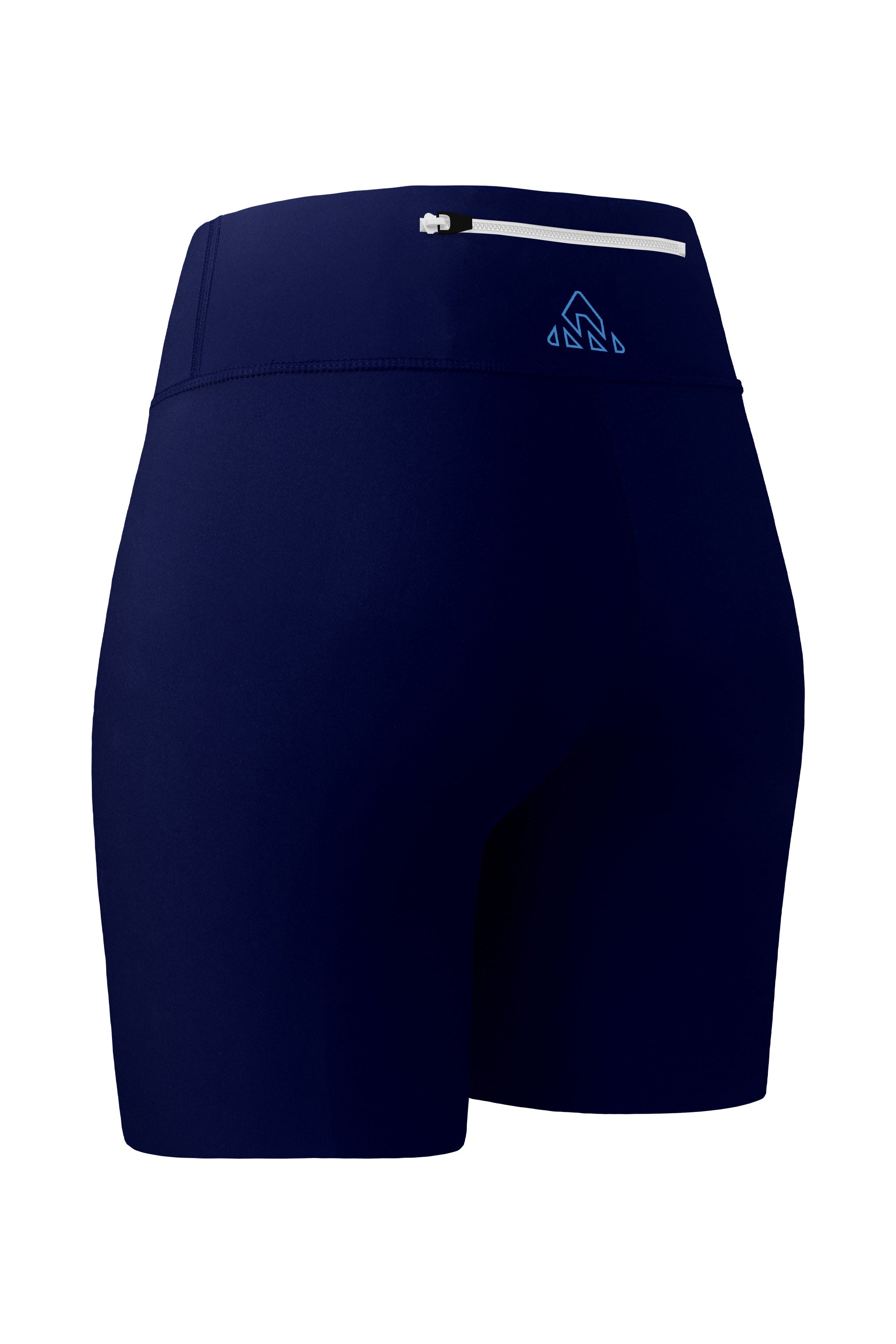 Back-side view of women's blue shorts, displaying the upper back pocket with a zipper. The angle provides a detailed view of the shorts' back and side profiles