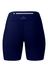 Rear view of women's blue shorts, emphasizing the top back pocket with zipper. This image clearly presents the back design of the shorts and the functionality of the pocket.