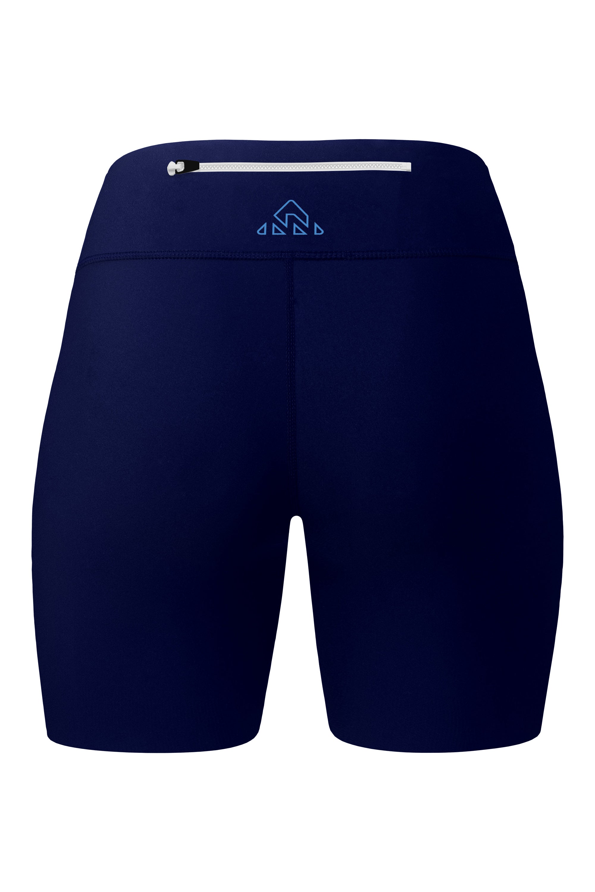 Rear view of women's blue shorts, emphasizing the top back pocket with zipper. This image clearly presents the back design of the shorts and the functionality of the pocket.