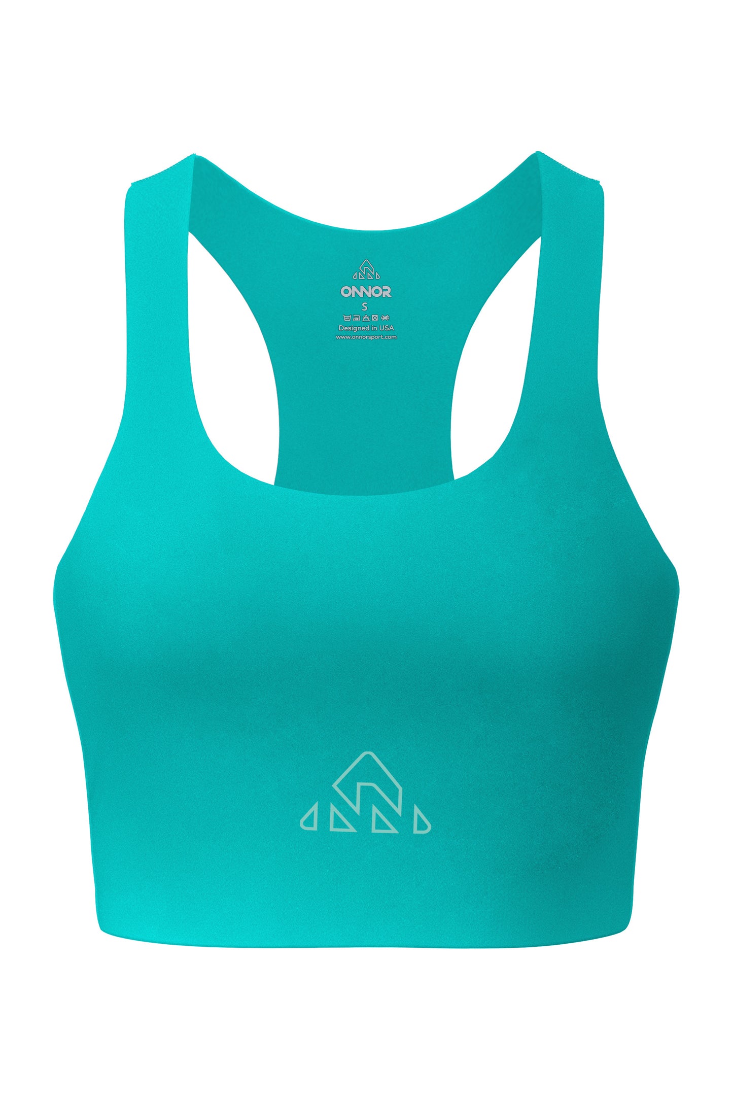 Jade green women's athletic top with subtle mint logos displayed frontally, set against a clean white background to highlight its sporty design.