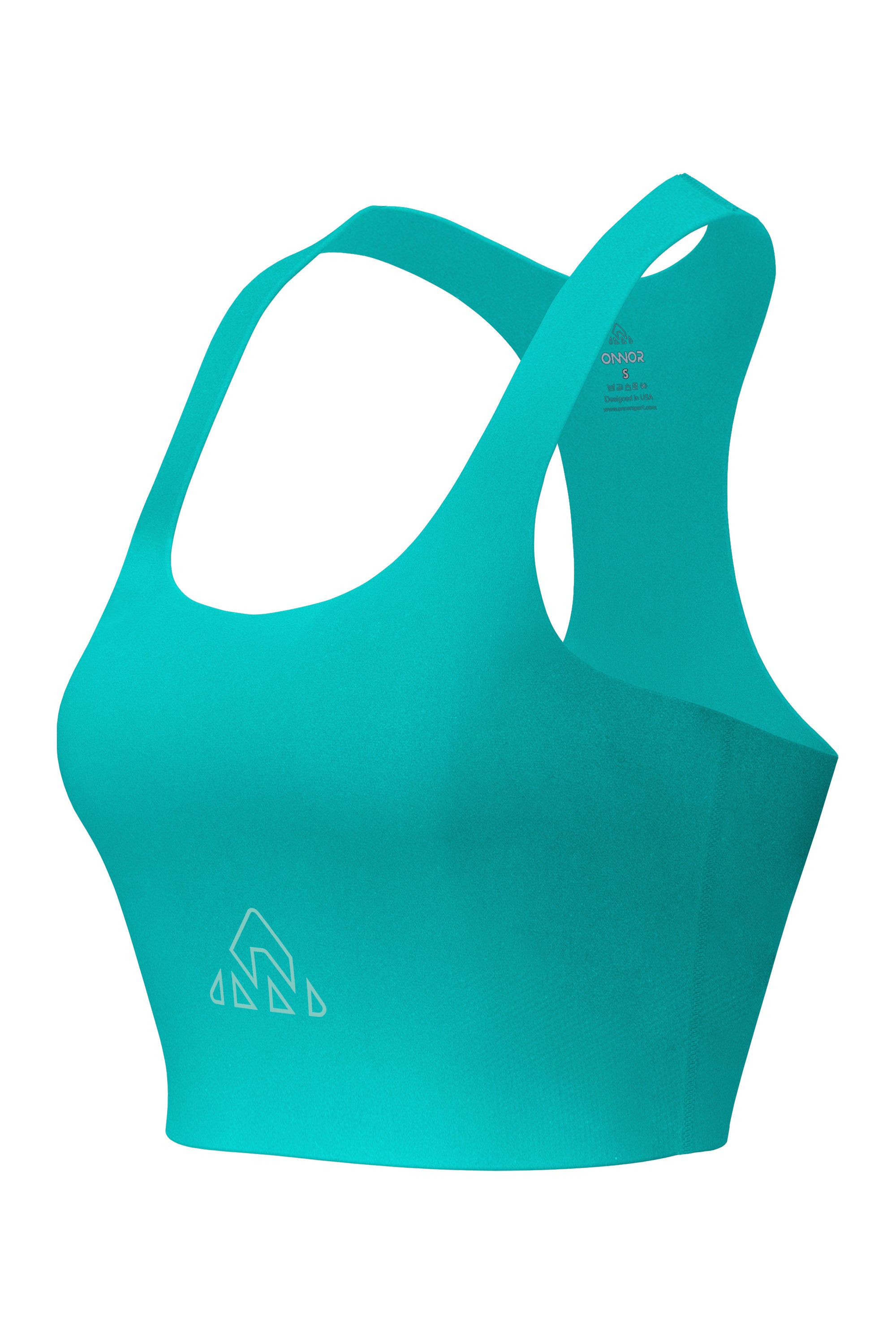 Women's jade green fitness top with mint logo accents, captured from a front-side angle to exhibit the shape, on a stark white background.