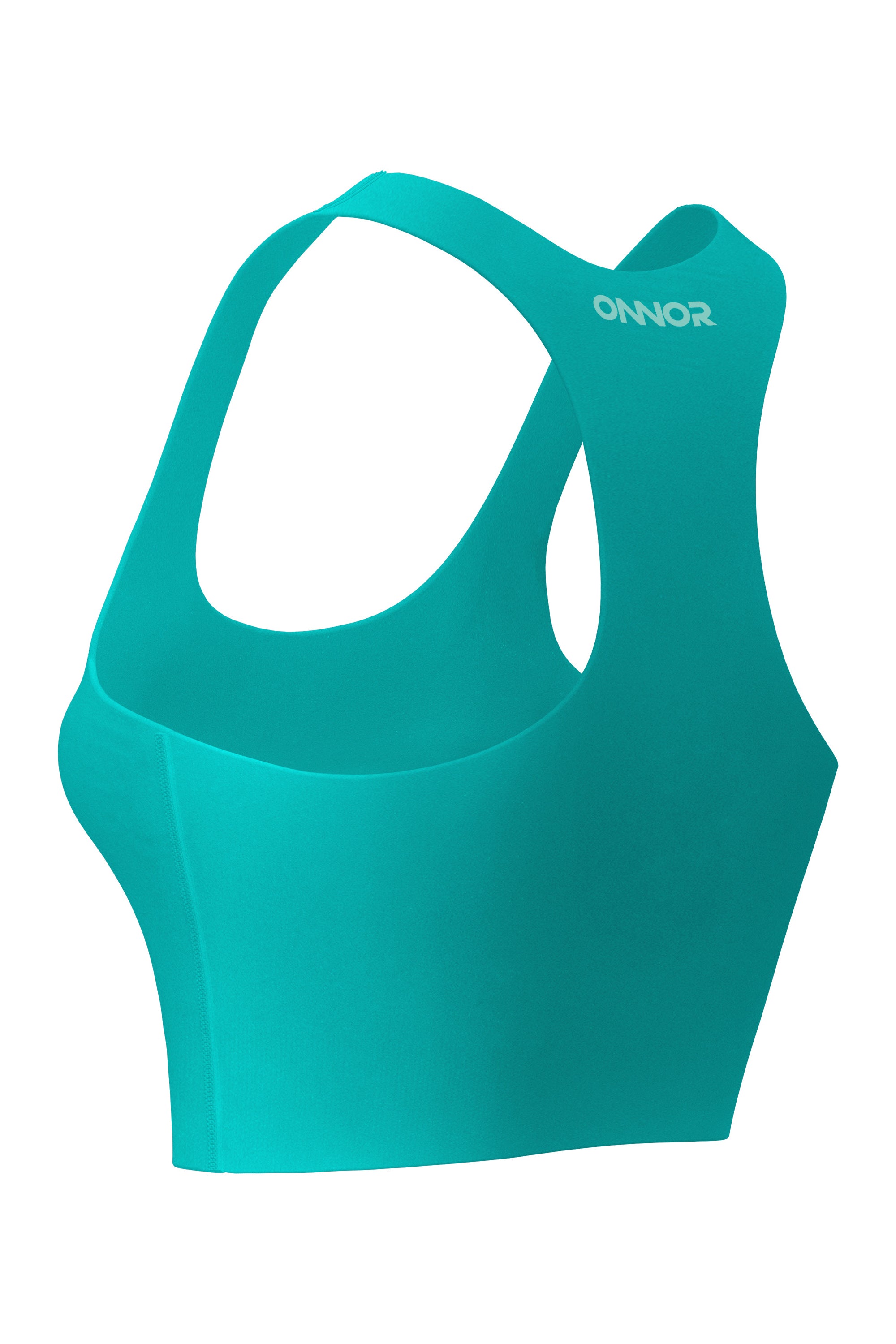 Slightly turned back-side view of a jade green athletic top for women, with mint logo detailing, showcased on a white background for design clarity.