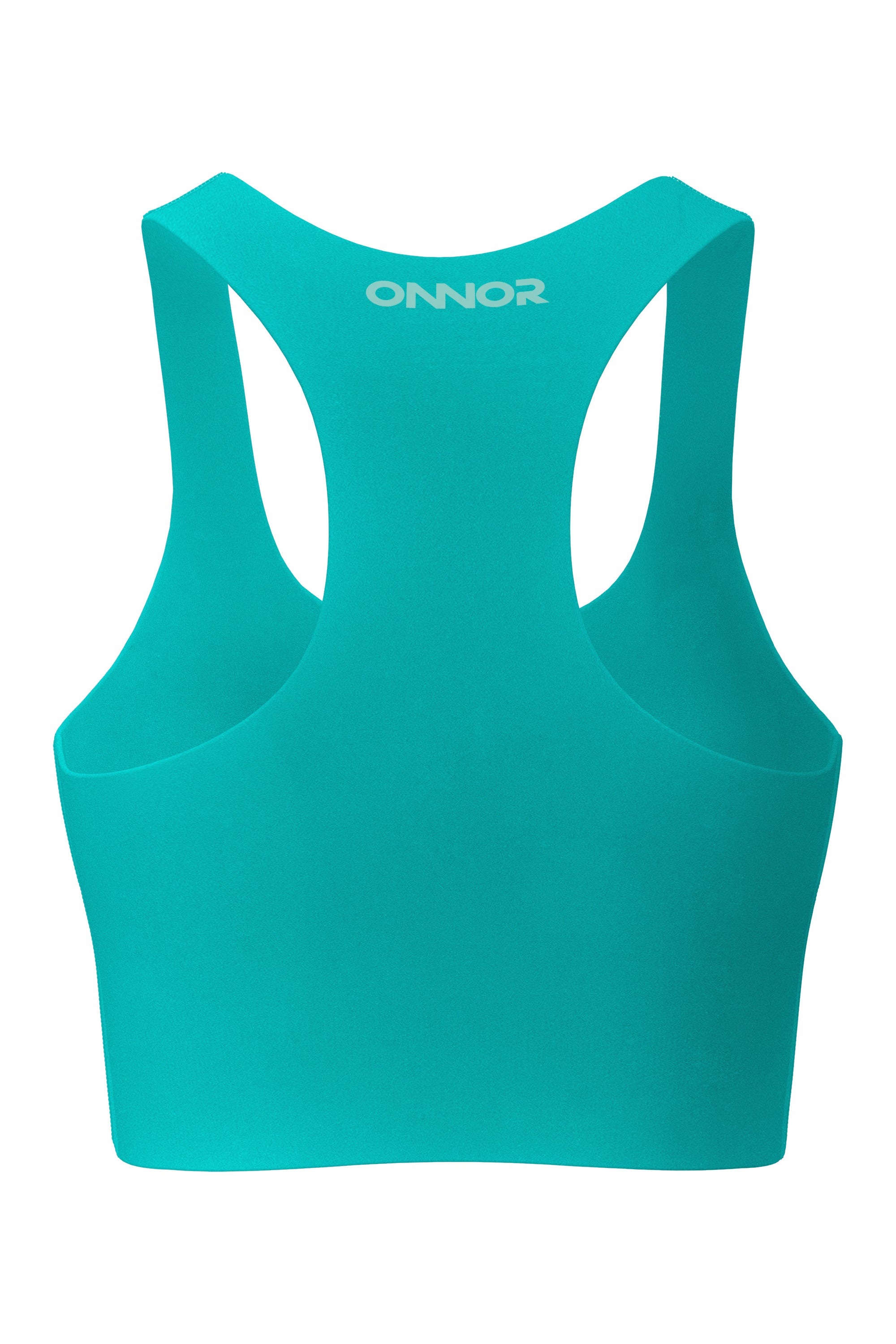 Rear view of a women's jade green fitness top, with elegant mint logos, positioned against a white backdrop to display the back features distinctly.