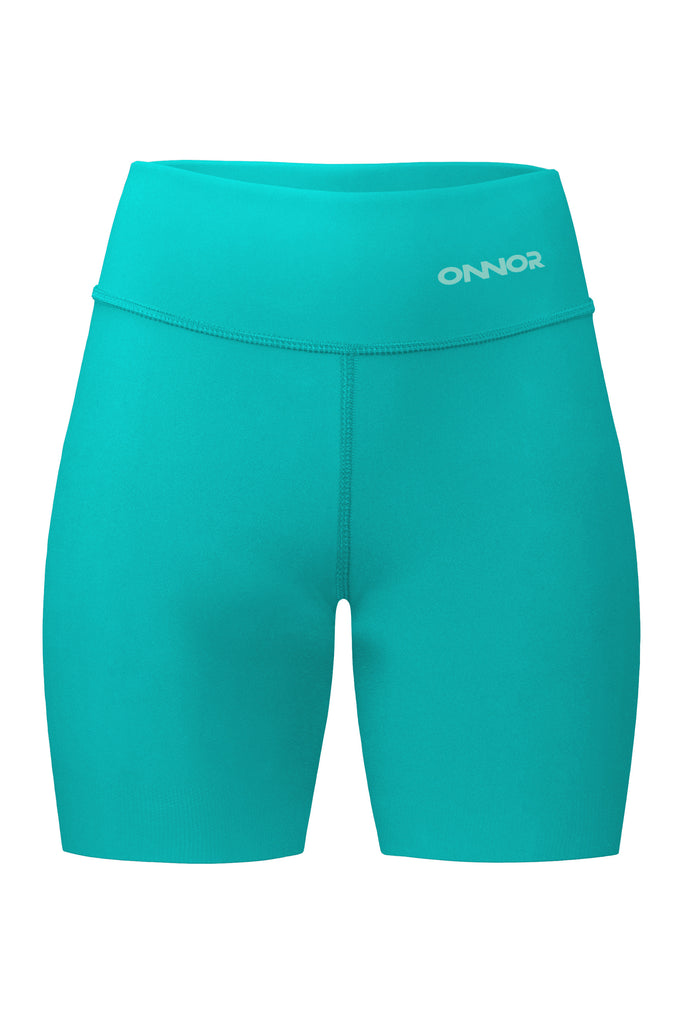 Women's Jade PRO Seamless Running Shorts - women's green/mint running shorts - Front view of green women's shorts with a top back pocket featuring a zipper. The image showcases the shorts' front design and highlights their vibrant green color.