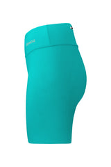 Side view of the green women's shorts, emphasizing the side seam and structure. This perspective also gives a hint of the top back pocket with the zipper.