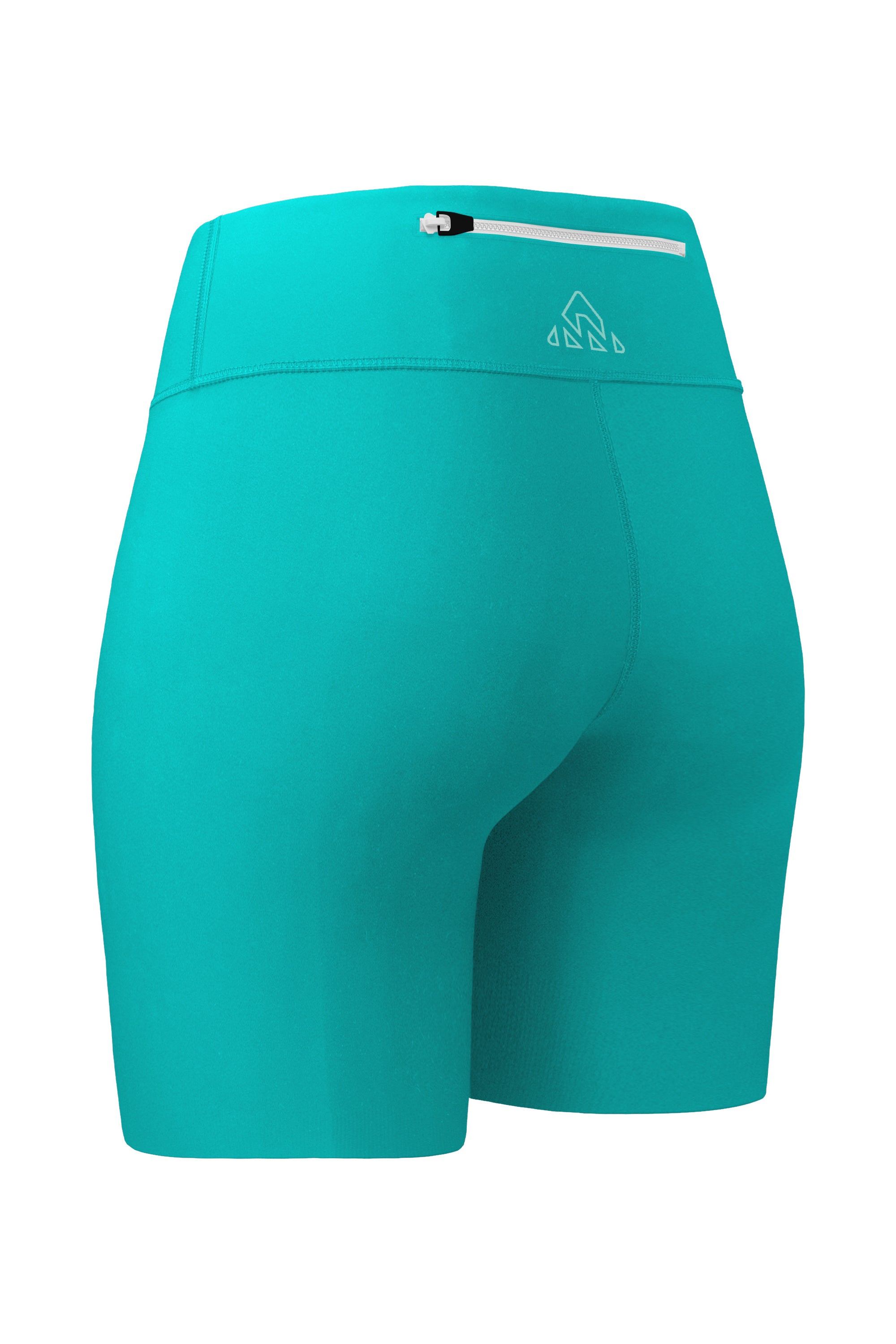 Back-side view of green women's shorts, highlighting the upper back pocket with a zipper. The angle offers a view of both the side and back of the shorts.
