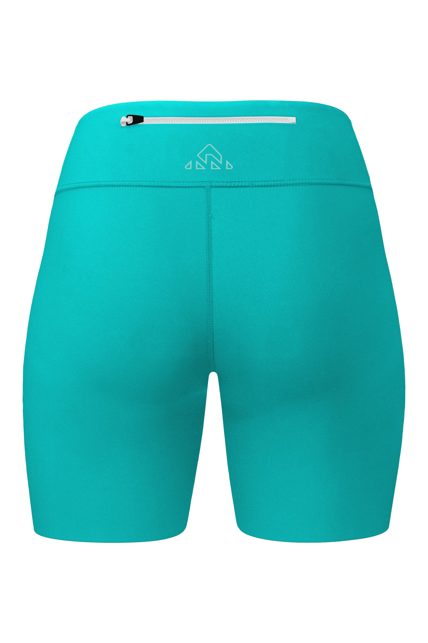 Rear view of women's green shorts, focusing on the top back pocket with zipper. This image clearly shows the placement and design of the back pocket on the shorts.