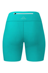 Rear view of women's green shorts, focusing on the top back pocket with zipper. This image clearly shows the placement and design of the back pocket on the shorts.