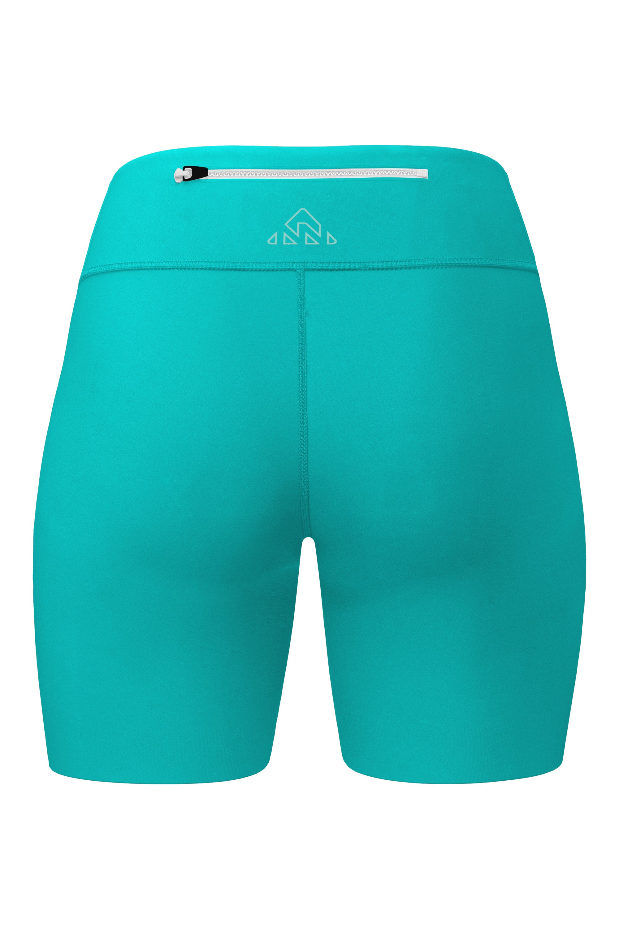 Rear view of women's green shorts, focusing on the top back pocket with zipper. This image clearly shows the placement and design of the back pocket on the shorts.