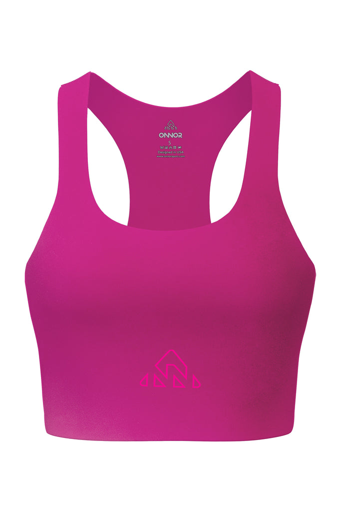 Women's Hot Pink PRO Running Top - women's pink/neon dark pink running top - Neon pink women's athletic top featuring dark pink logos, prominently displayed in a frontal view against a white background for a striking contrast.