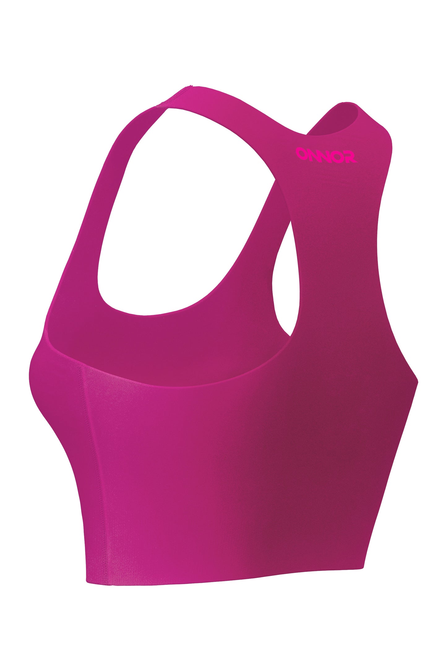 Women's neon pink athletic top shown from a back-side perspective, with dark pink logos, against a white background to outline the shape and design.