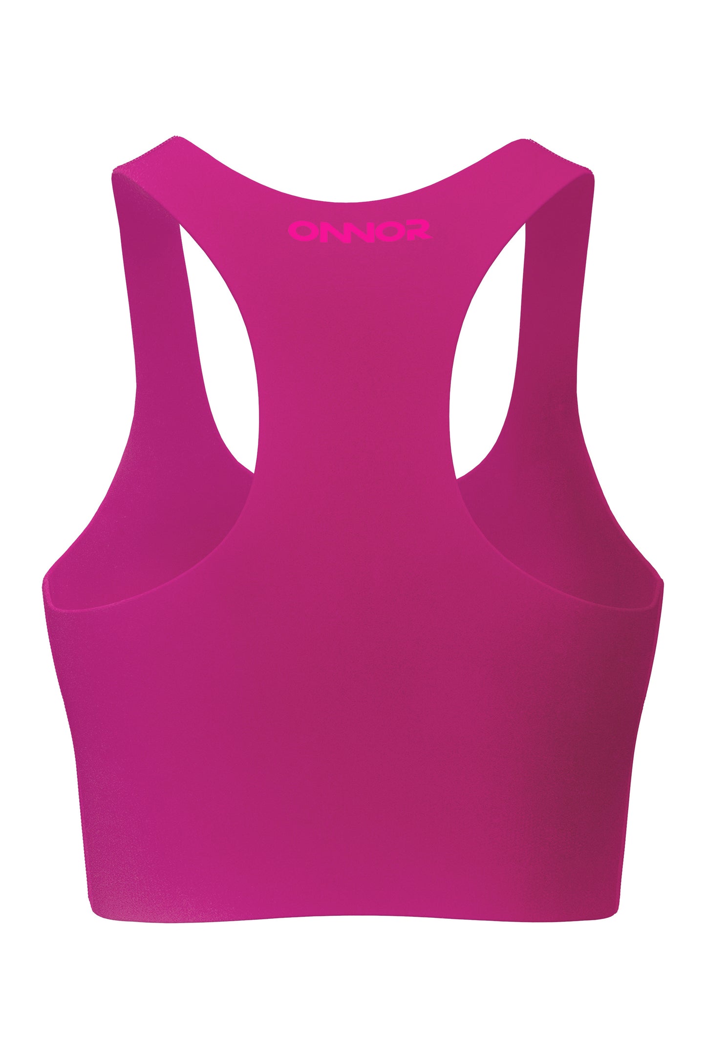 Back view of a vibrant neon pink women's fitness top with dark pink logo detailing, set against a pure white background to showcase the rear styling.