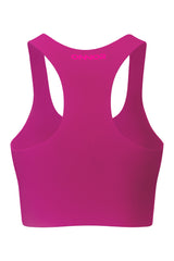 Back view of a vibrant neon pink women's fitness top with dark pink logo detailing, set against a pure white background to showcase the rear styling.