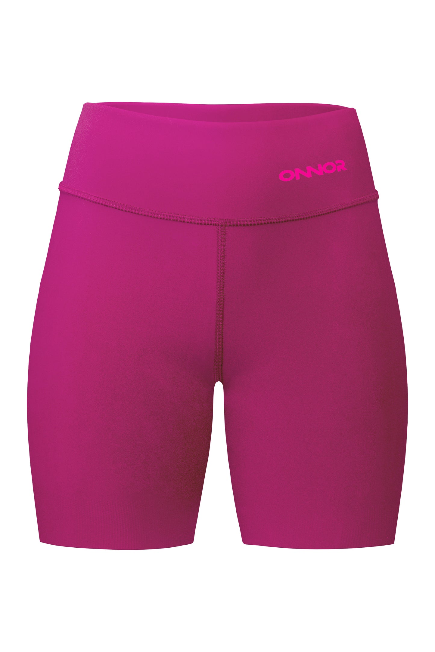 Front view of pink women's shorts featuring a back pocket with zipper. The shorts are displayed in a straight frontal position, highlighting their design and fit.