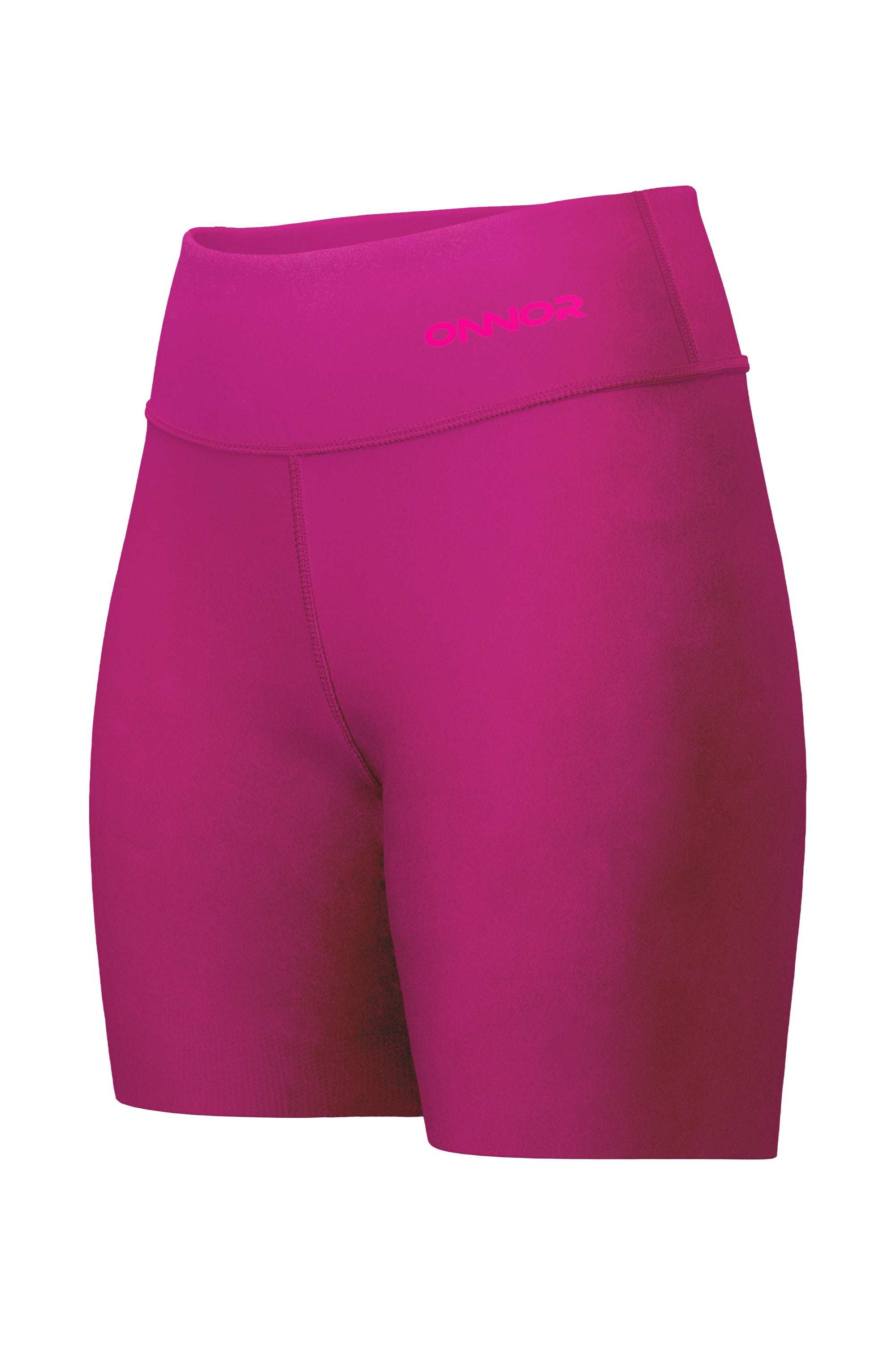 Angled front-side view of pink women's shorts with a back pocket zipper. This perspective showcases the shorts' side profile and front design simultaneously.