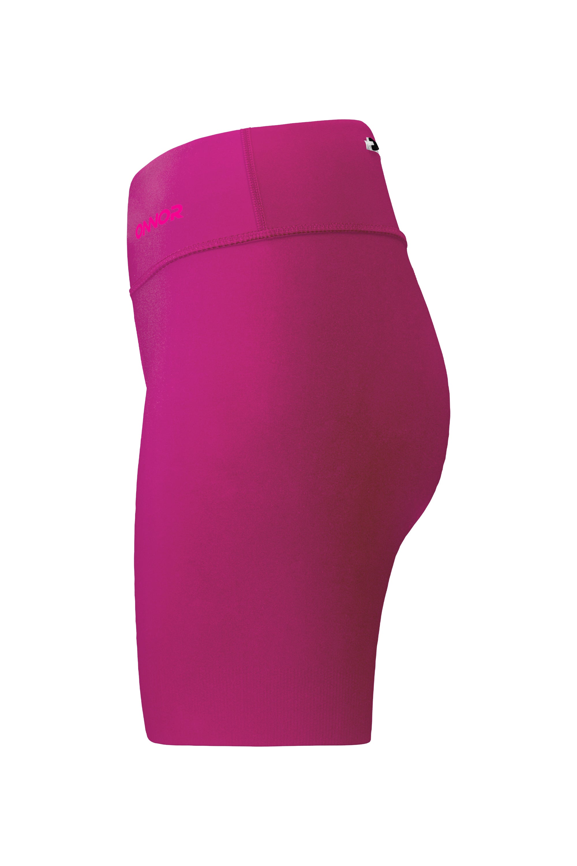 Side view of pink women's shorts, focusing on the side seam and pocket with zipper. The image captures the shorts' side fit and pocket detail.