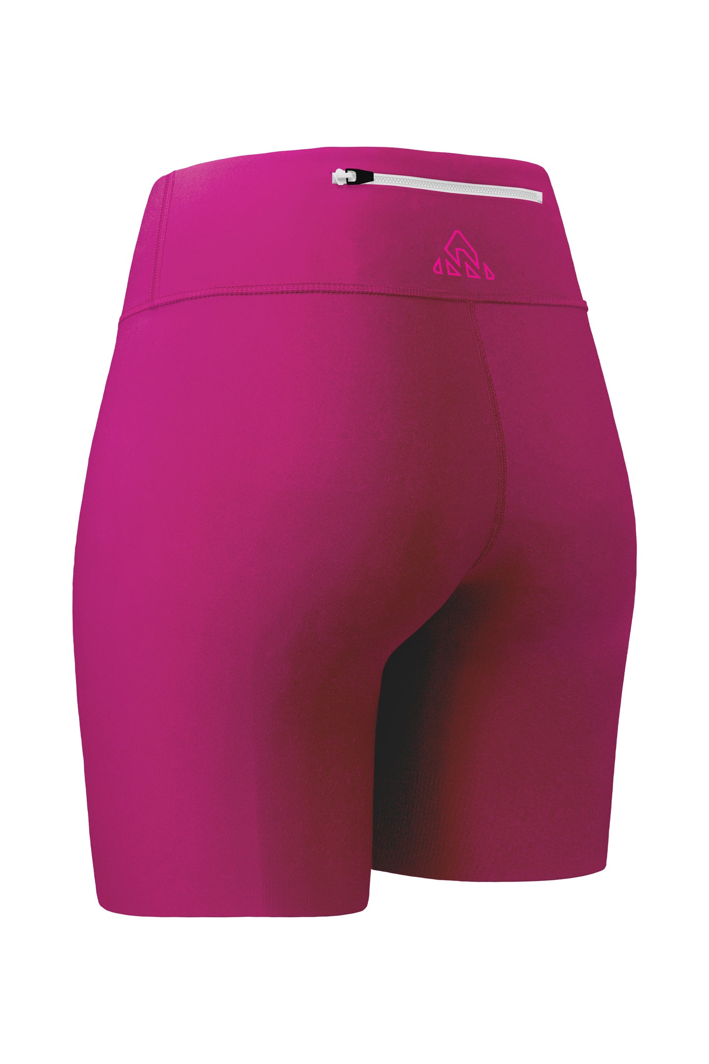 Back-side angled view of pink women's shorts with a zipper pocket. This image highlights the back pocket's functionality and the shorts' overall shape.