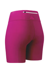 Back-side angled view of pink women's shorts with a zipper pocket. This image highlights the back pocket's functionality and the shorts' overall shape.
