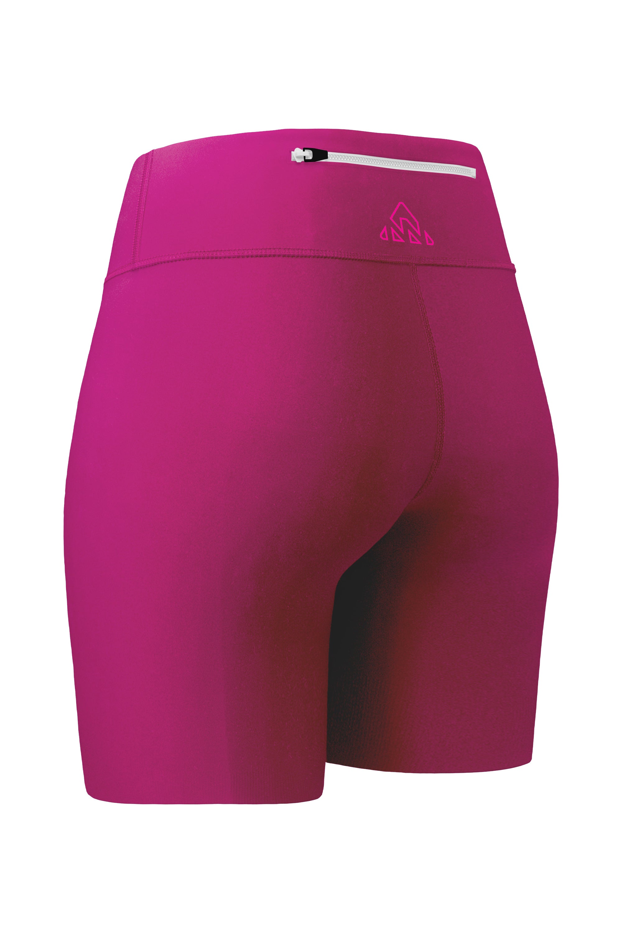 Back-side angled view of pink women's shorts with a zipper pocket. This image highlights the back pocket's functionality and the shorts' overall shape.