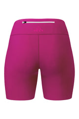 Rear view of pink women's shorts, emphasizing the back pocket with zipper. This image clearly shows the shorts' back design and pocket placement