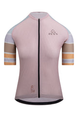 Front view of the Women's Njord Elite Cycling Jersey Short Sleeve by ONNOR in light pink and light brown. Displaying the jersey's chic and innovative design, specifically engineered to enhance cycling performance.