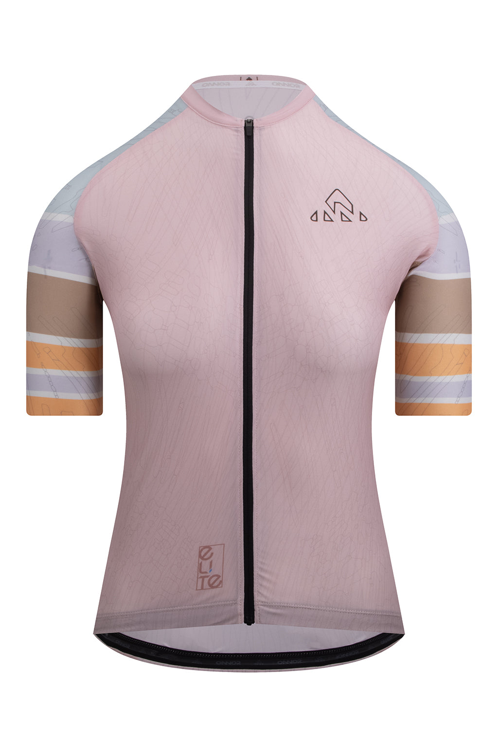Front view of the Women's Njord Elite Cycling Jersey Short Sleeve by ONNOR in light pink and light brown. Displaying the jersey's chic and innovative design, specifically engineered to enhance cycling performance.
