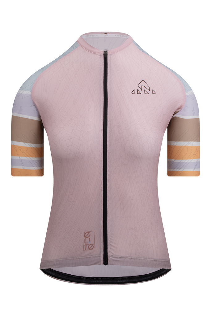 Women's Elite Cycling Jersey Short Sleeve - Light pink / Light brown - women's light pink / light brown jerseys short sleeve - Front view of the Women's Njord Elite Cycling Jersey Short Sleeve by ONNOR in light pink and light brown. Displaying the jersey's chic and innovative design, specifically engineered to enhance cycling performance.