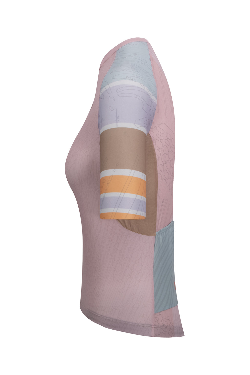 Side view of the Women's Njord Elite Cycling Jersey Short Sleeve from ONNOR in light pink and light brown. Highlights the jersey's sleek silhouette and body-contouring design, blending modern technology and style.