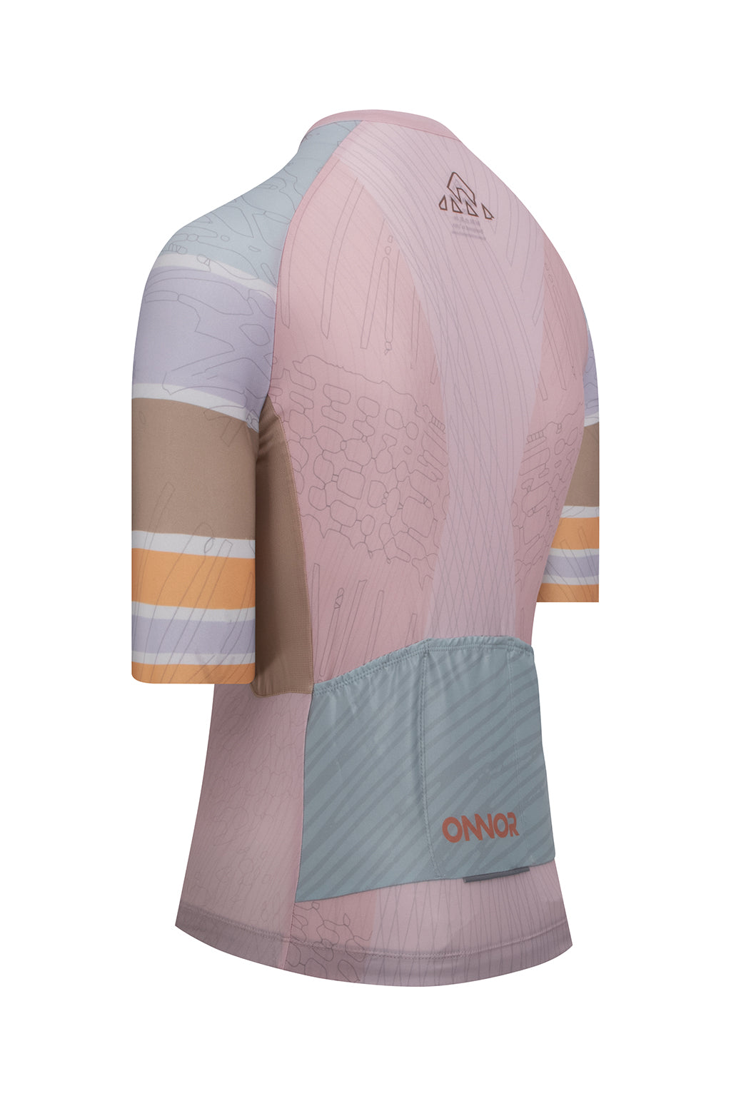 Detailed image of the sleeve of the light pink and light brown Women's Njord Elite Cycling Jersey Short Sleeve by ONNOR. Showcases the brand's meticulous craftsmanship and dedication to comfort and style.