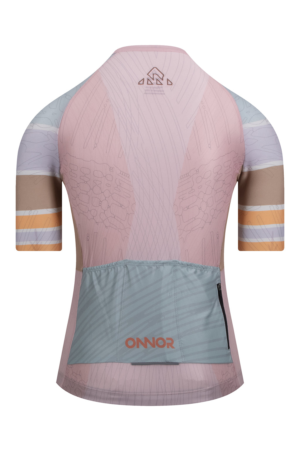 Back view of the light pink and light brown Women's Njord Elite Cycling Jersey Short Sleeve from ONNOR. Highlights the practical rear pockets and reflective details for safety, embodying the brand's approach to stylish, functional design.