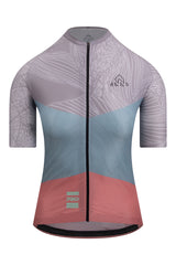Front view of the Women's Nut Pro Cycling Jersey Short Sleeve in light brown and salmon colors by ONNOR. This image showcases the jersey's elegant design, unique color palette, and the brand's dedication to superior quality, aimed to enhance cycling performance and style.