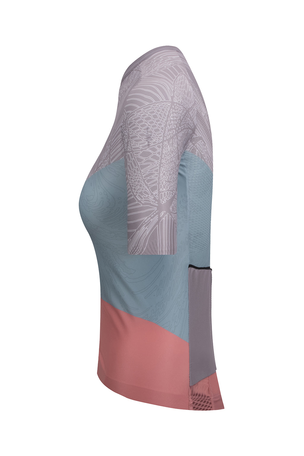 Side view of the light brown and salmon Women's Nut Pro Cycling Jersey Short Sleeve from ONNOR. Emphasizes the jersey's sleek fit and sophisticated design, combining state-of-the-art technology with fashionable elements, offering a superior cycling experience.