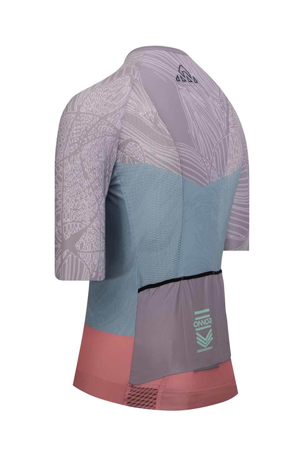 Focused image on the fabric texture of ONNOR's Women's Nut Pro Cycling Jersey Short Sleeve in light brown and salmon colors. Showcases the quality, breathability, and durability of the jersey, testifying to the brand's commitment to producing resilient, performance-enhancing cycling wear.