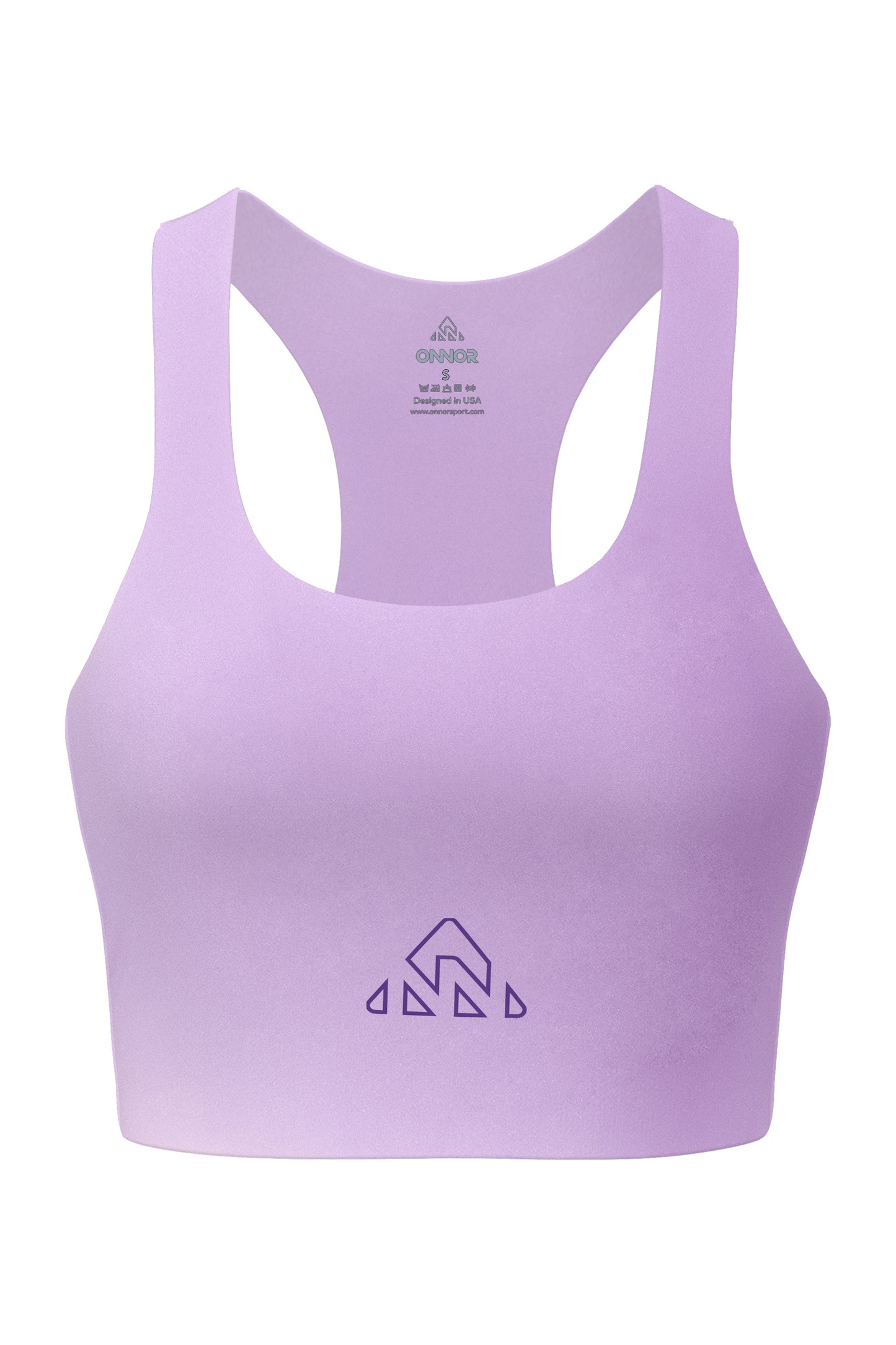 Rose lilac women's athletic top with neon berry logos, displayed head-on against a white background, highlighting the front design for fitness wear.