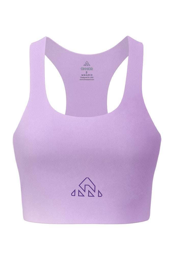 Women's Lilac PRO Running Top - women's rose/neon berry running top - Rose lilac women's athletic top with neon berry logos, displayed head-on against a white background, highlighting the front design for fitness wear.