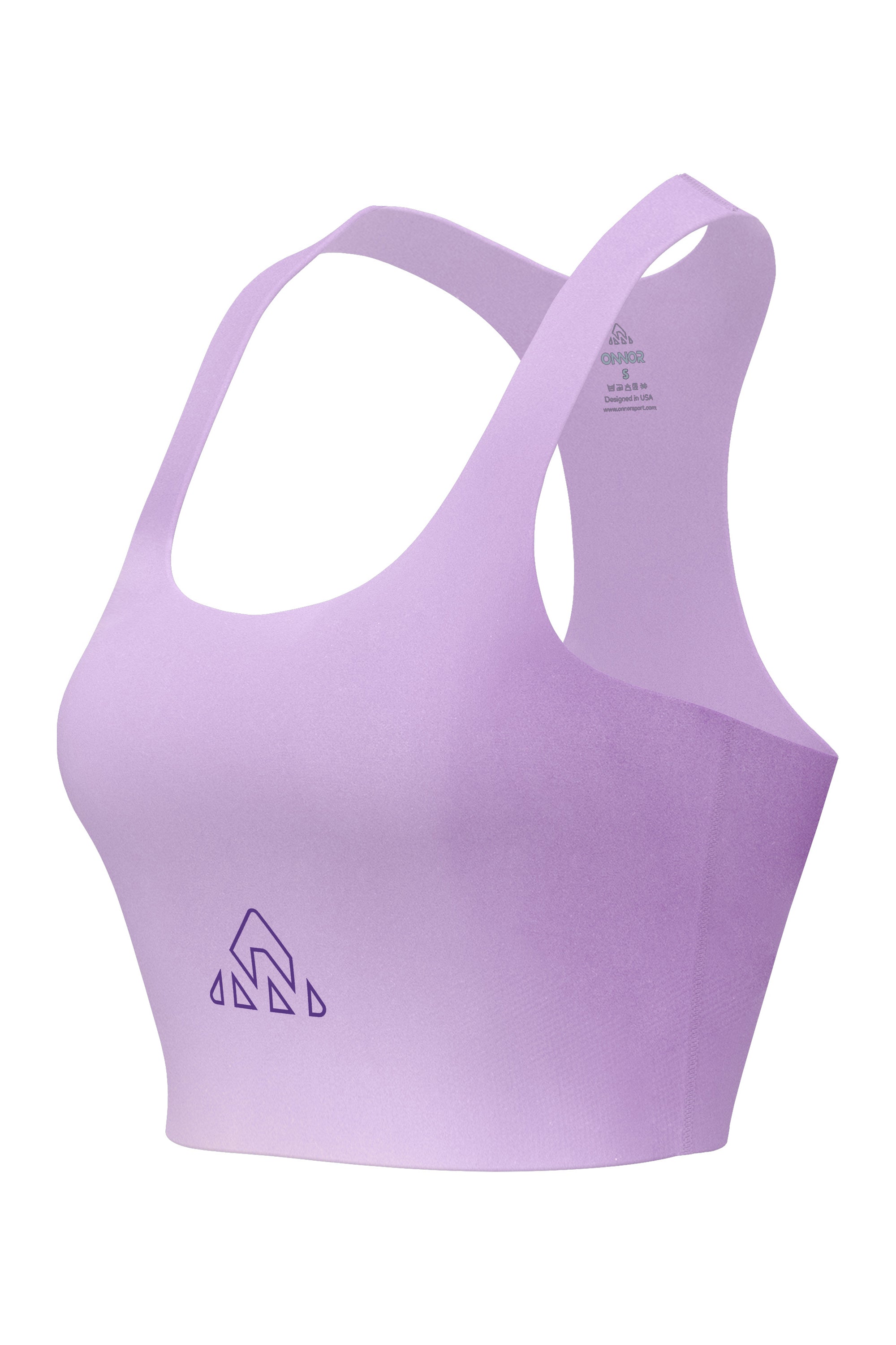 Women's rose lilac sports top with neon berry logos, shown in a front-side angled view to emphasize the garment's shape, on a white backdrop.